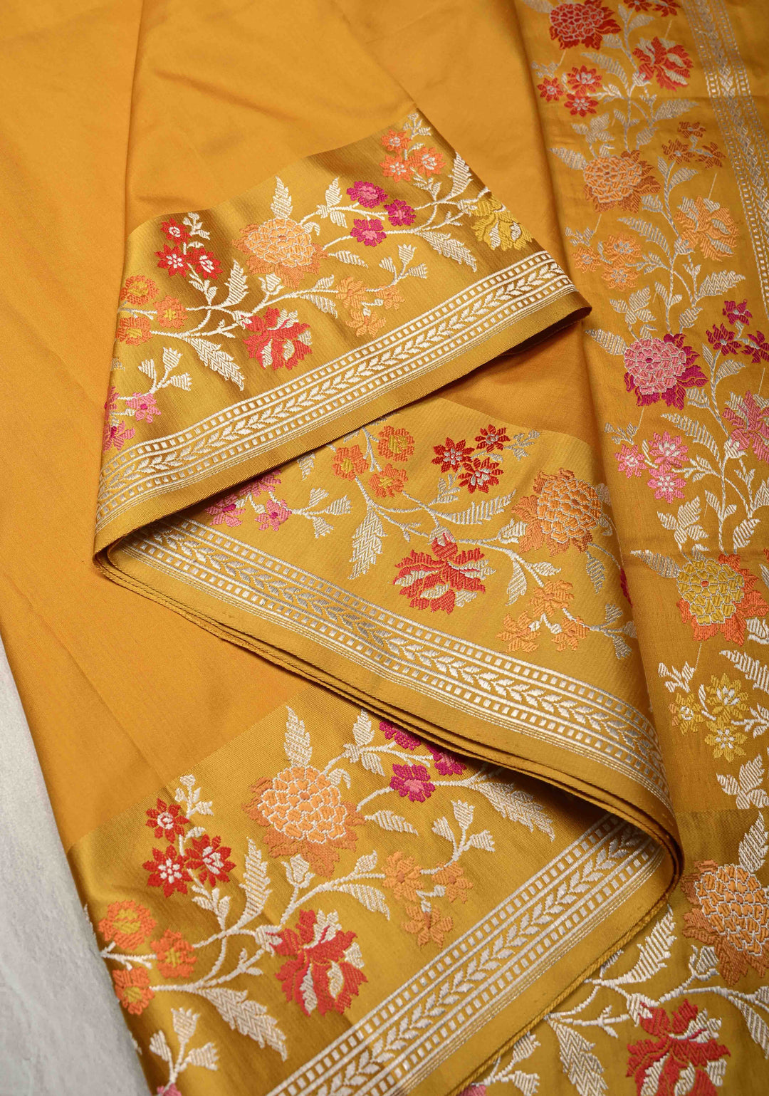 Mustard Yellow Banarasi Katan Tissue Silk Saree with  Meenakari Border and Pallu | SILK MARK CERTIFIED