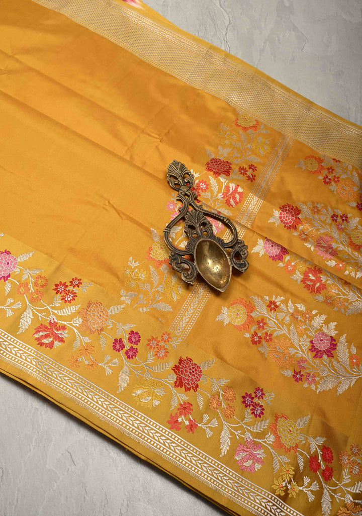 Mustard Yellow Banarasi Katan Tissue Silk Saree with  Meenakari Border and Pallu | SILK MARK CERTIFIED