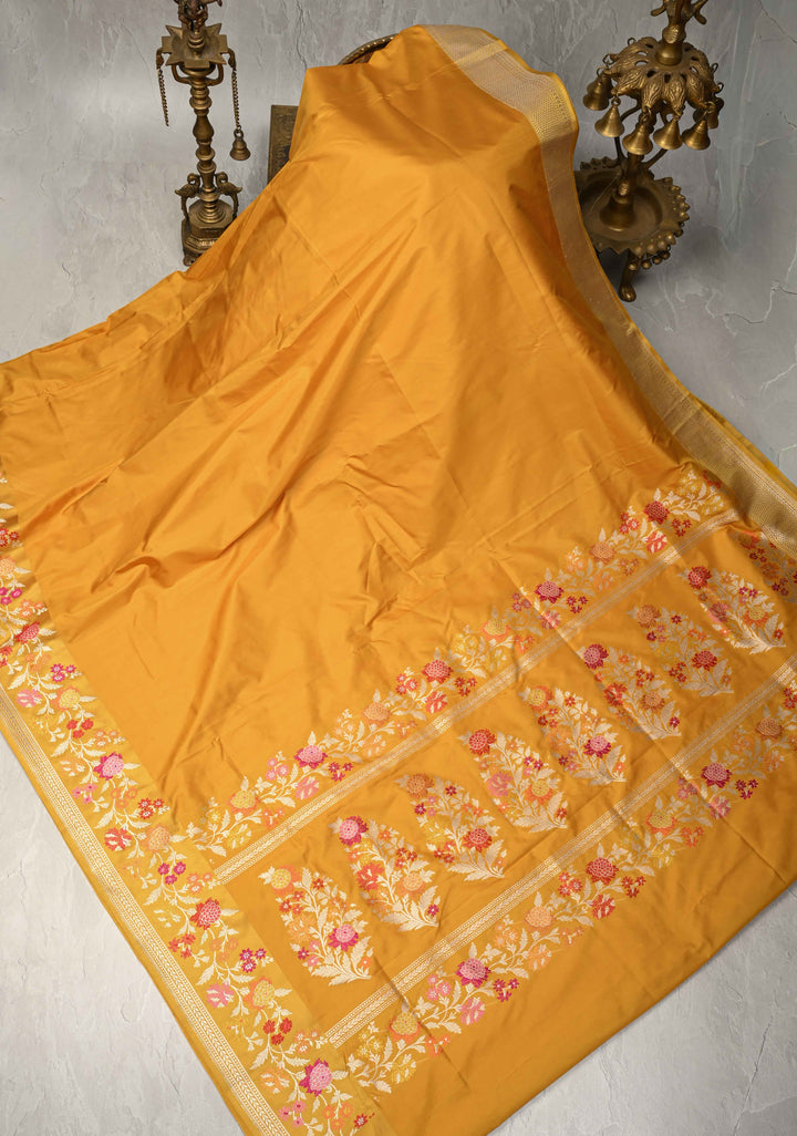 Mustard Yellow Banarasi Katan Tissue Silk Saree with  Meenakari Border and Pallu | SILK MARK CERTIFIED