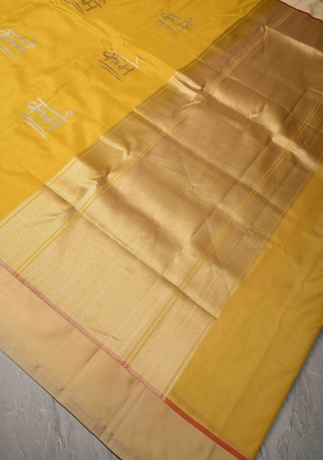 Mustard Yellow Banarasi Katan Silk Saree with Karma Motifs and Contrast Satin Border| SILK MARK CERTIFIED