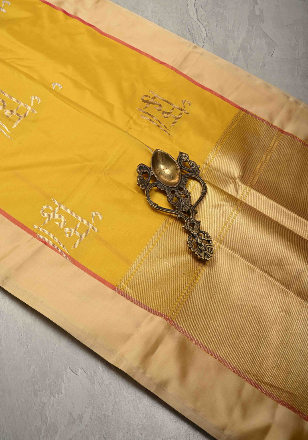 Mustard Yellow Banarasi Katan Silk Saree with Karma Motifs and Contrast Satin Border| SILK MARK CERTIFIED