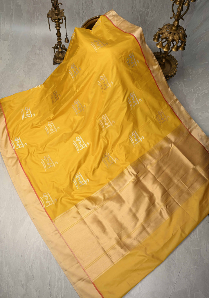 Mustard Yellow Banarasi Katan Silk Saree with Karma Motifs and Contrast Satin Border| SILK MARK CERTIFIED