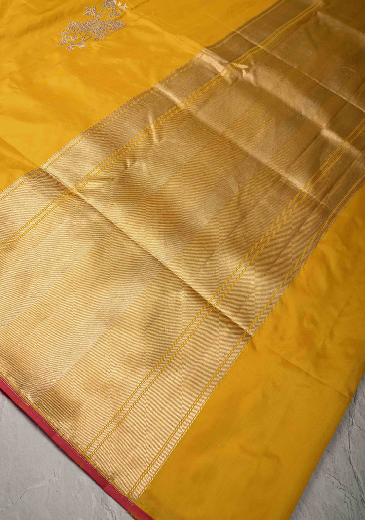 Bright Yellow Borderless Pure Banarasi Katan Silk Saree with Floral Zari Buttas   | SILK MARK CERTIFIED