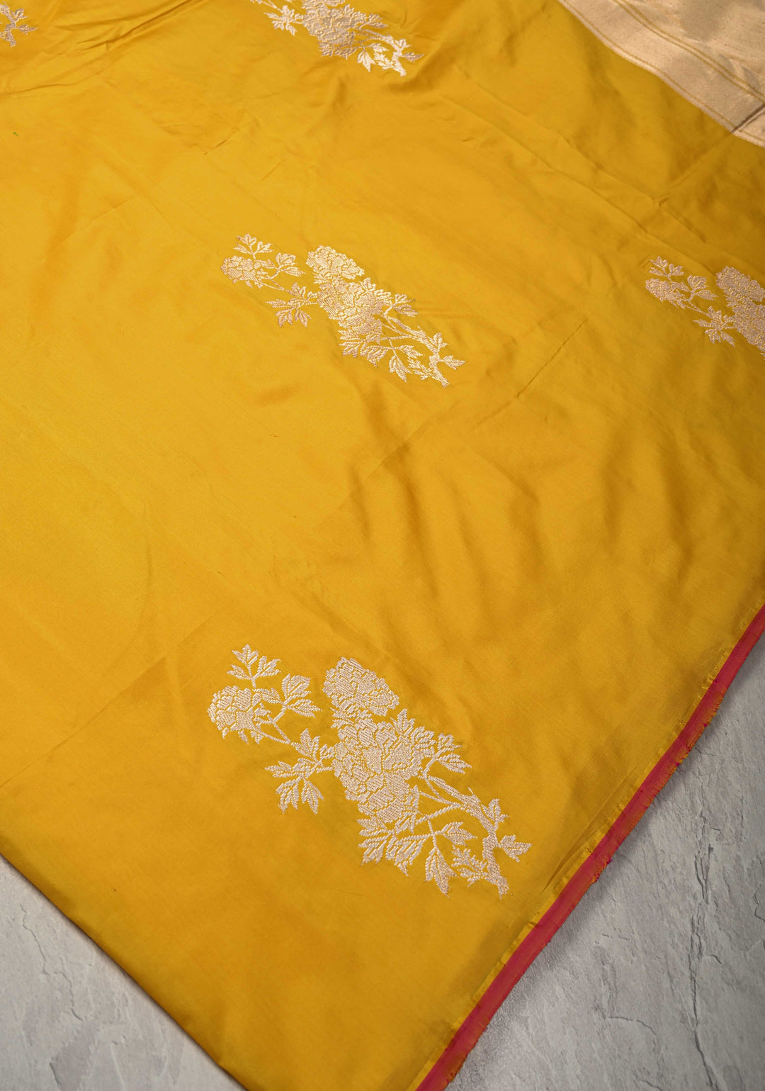 Bright Yellow Borderless Pure Banarasi Katan Silk Saree with Floral Zari Buttas   | SILK MARK CERTIFIED