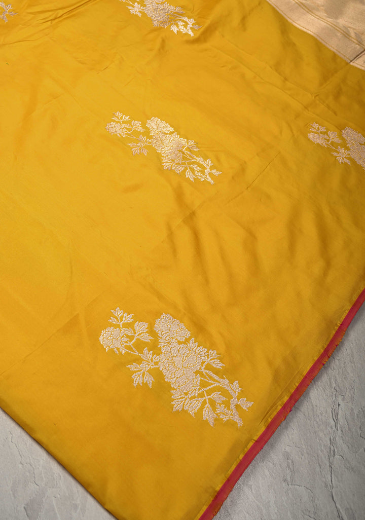 Bright Yellow Borderless Pure Banarasi Katan Silk Saree with Floral Zari Buttas   | SILK MARK CERTIFIED