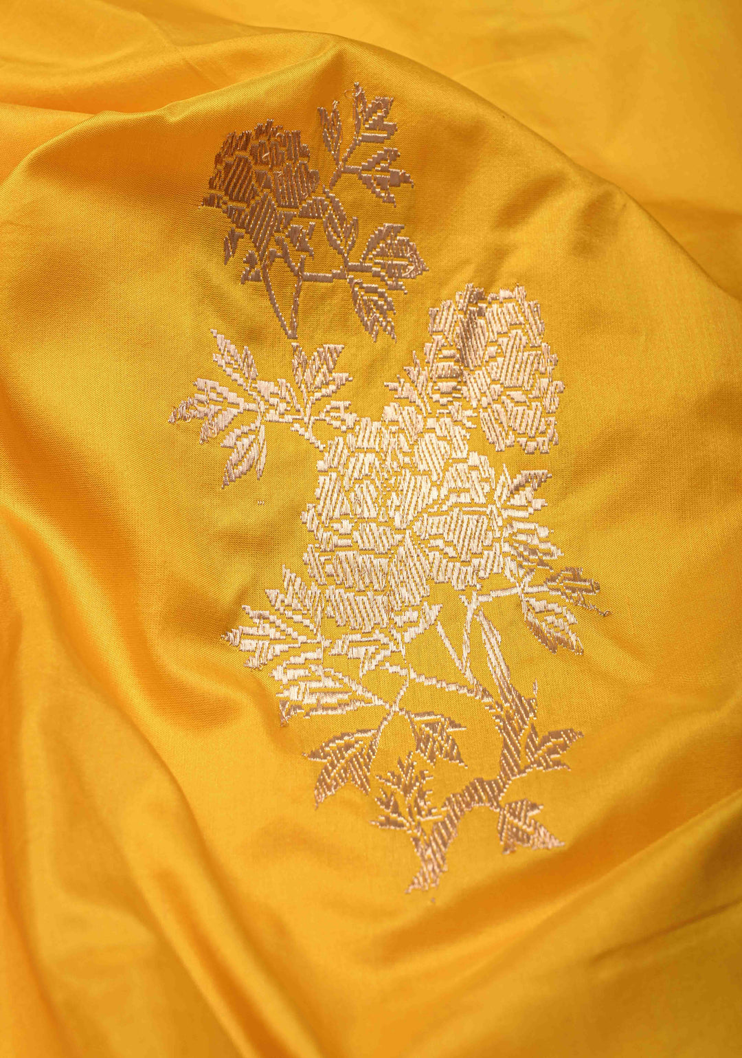Bright Yellow Borderless Pure Banarasi Katan Silk Saree with Floral Zari Buttas   | SILK MARK CERTIFIED