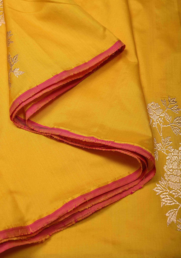 Bright Yellow Borderless Pure Banarasi Katan Silk Saree with Floral Zari Buttas   | SILK MARK CERTIFIED