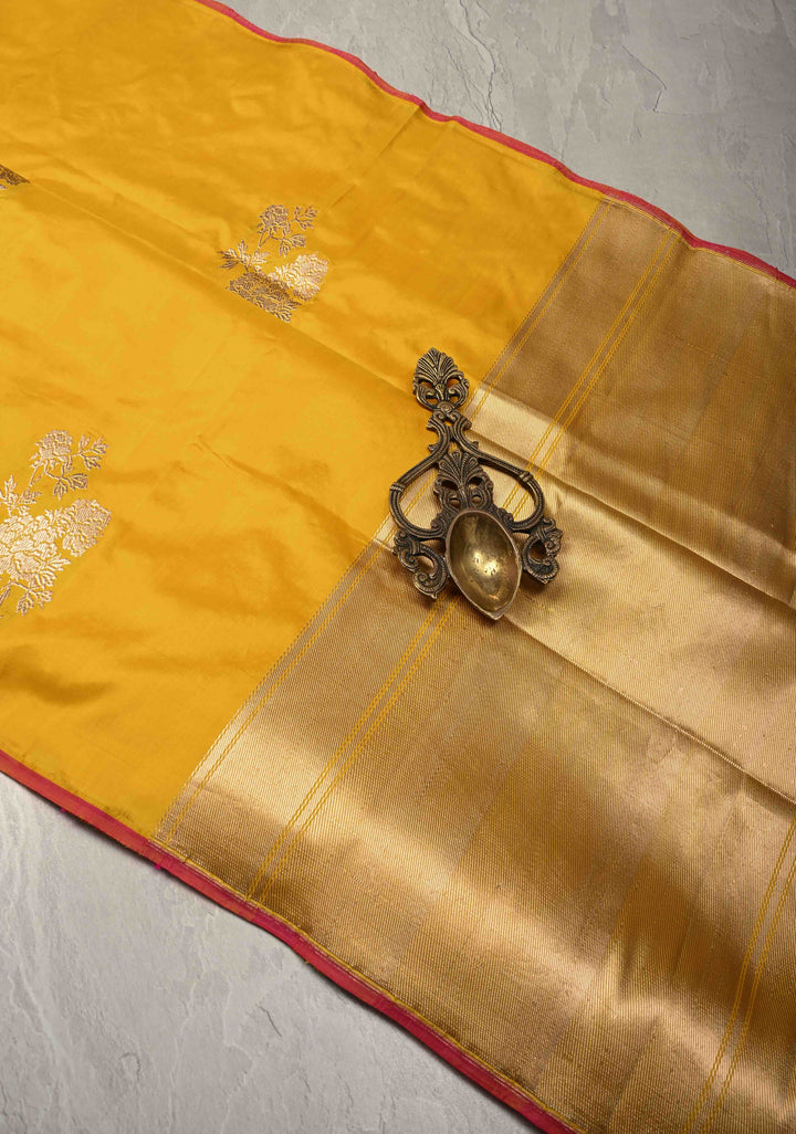 Bright Yellow Borderless Pure Banarasi Katan Silk Saree with Floral Zari Buttas   | SILK MARK CERTIFIED