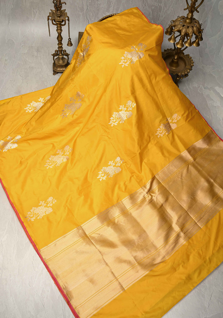 Bright Yellow Borderless Pure Banarasi Katan Silk Saree with Floral Zari Buttas   | SILK MARK CERTIFIED