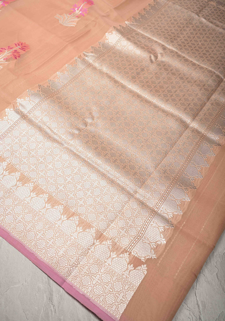 Light Peach Banarasi Kora Silk Saree with Floral Meenakari  Buttas and Zari Border | SILK MARK CERTIFIED