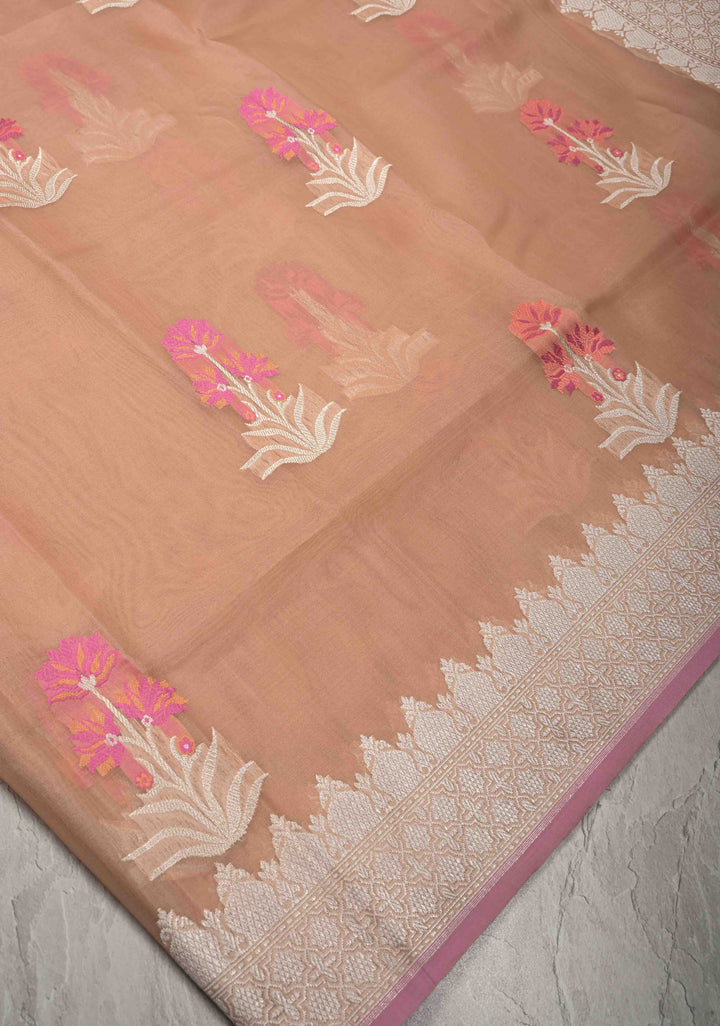 Light Peach Banarasi Kora Silk Saree with Floral Meenakari  Buttas and Zari Border | SILK MARK CERTIFIED