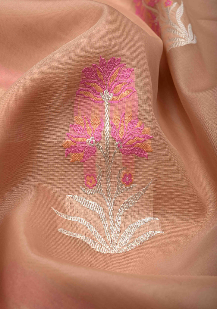 Light Peach Banarasi Kora Silk Saree with Floral Meenakari  Buttas and Zari Border | SILK MARK CERTIFIED