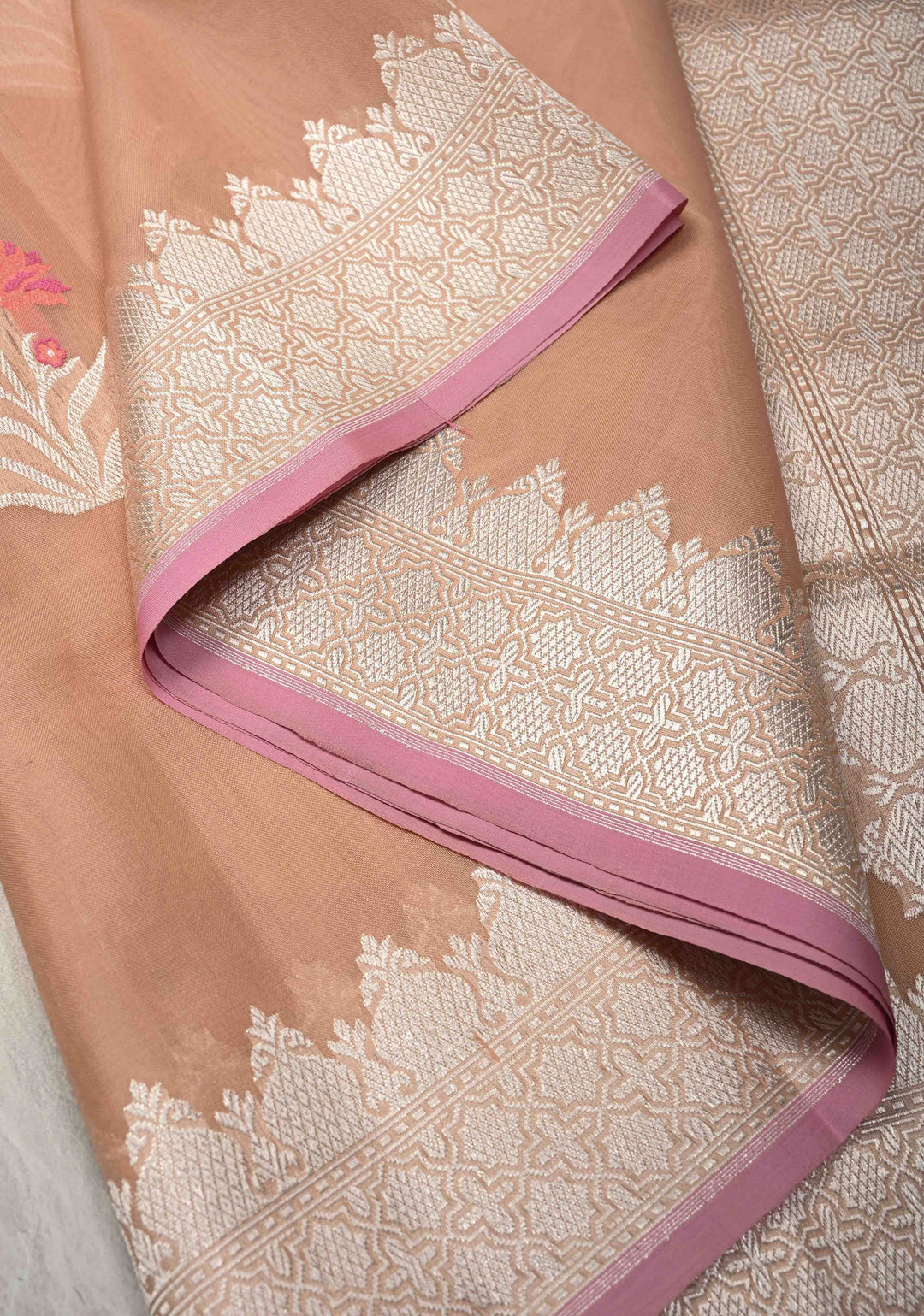 Light Peach Banarasi Kora Silk Saree with Floral Meenakari  Buttas and Zari Border | SILK MARK CERTIFIED
