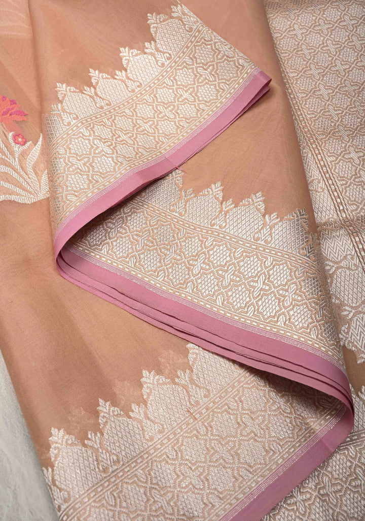 Light Peach Banarasi Kora Silk Saree with Floral Meenakari  Buttas and Zari Border | SILK MARK CERTIFIED