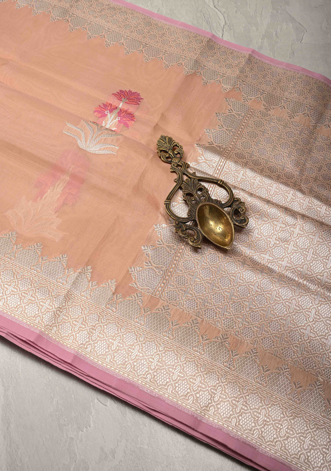 Light Peach Banarasi Kora Silk Saree with Floral Meenakari  Buttas and Zari Border | SILK MARK CERTIFIED