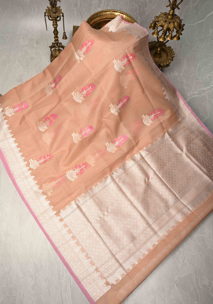 Light Peach Banarasi Kora Silk Saree with Floral Meenakari  Buttas and Zari Border | SILK MARK CERTIFIED