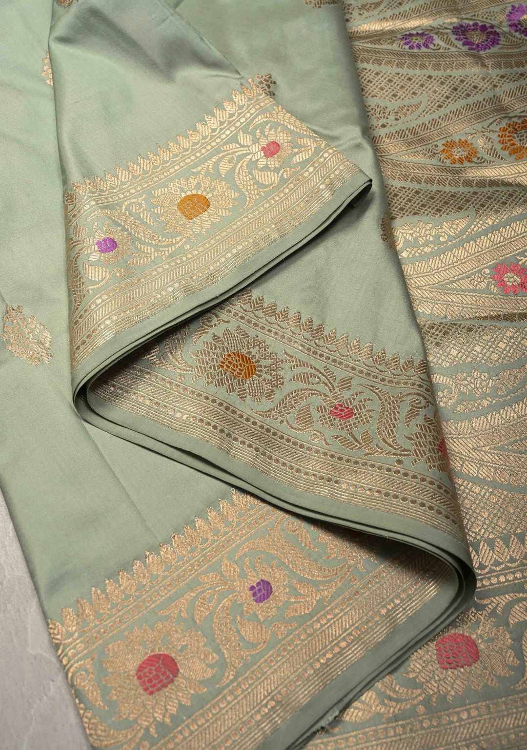 Sage Green Pure Banarasi Katan Silk Saree with Floral Zari buttas and Meenakari Zari Border-Pllu | SILK MARK CERTIFIED