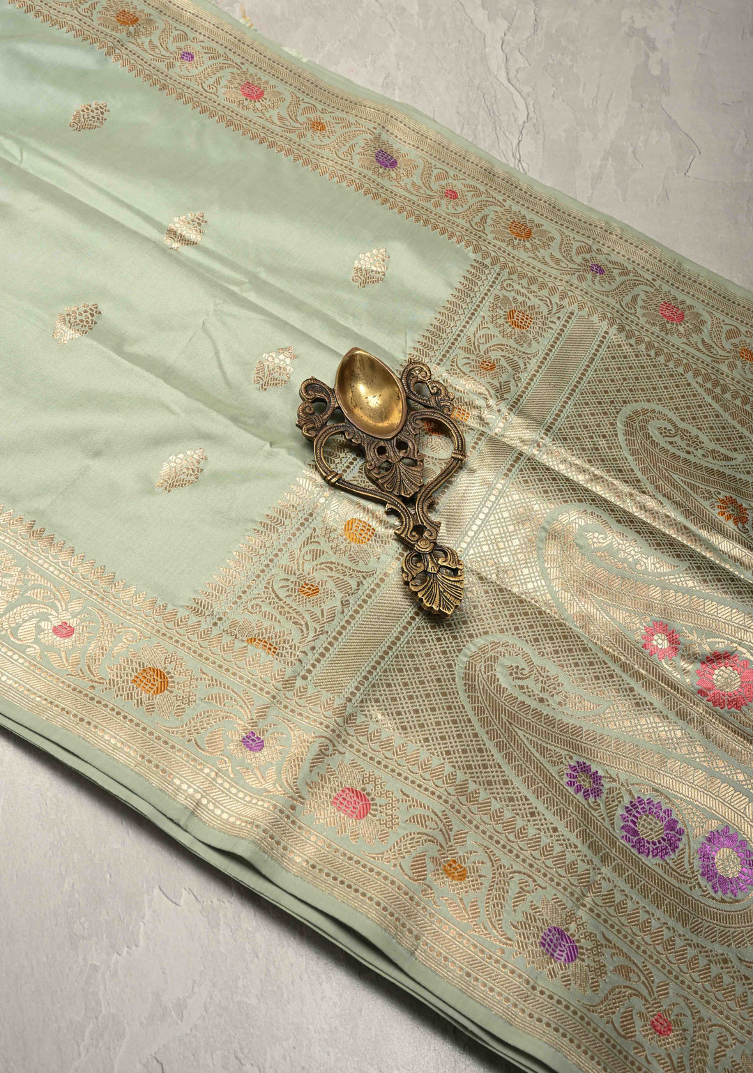 Sage Green Pure Banarasi Katan Silk Saree with Floral Zari buttas and Meenakari Zari Border-Pllu | SILK MARK CERTIFIED