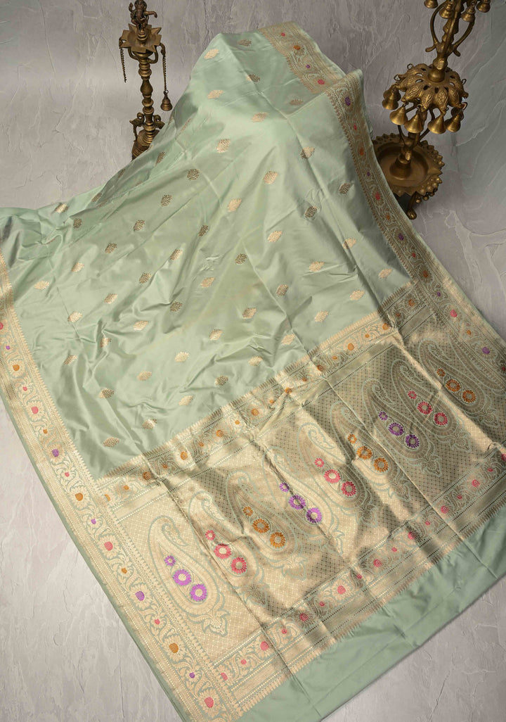 Sage Green Pure Banarasi Katan Silk Saree with Floral Zari buttas and Meenakari Zari Border-Pllu | SILK MARK CERTIFIED