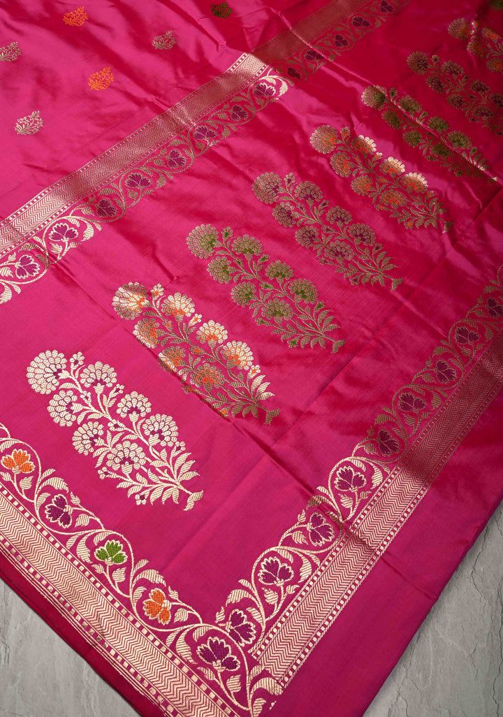 Banarasi Baluchari Rani Pink Pure Katan Silk Saree with Resham Meenakari Floral Buttas and Border | Silk Mark Certified