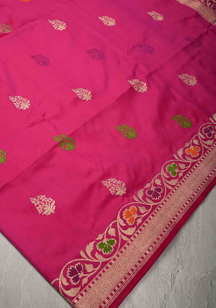 Banarasi Baluchari Rani Pink Pure Katan Silk Saree with Resham Meenakari Floral Buttas and Border | Silk Mark Certified