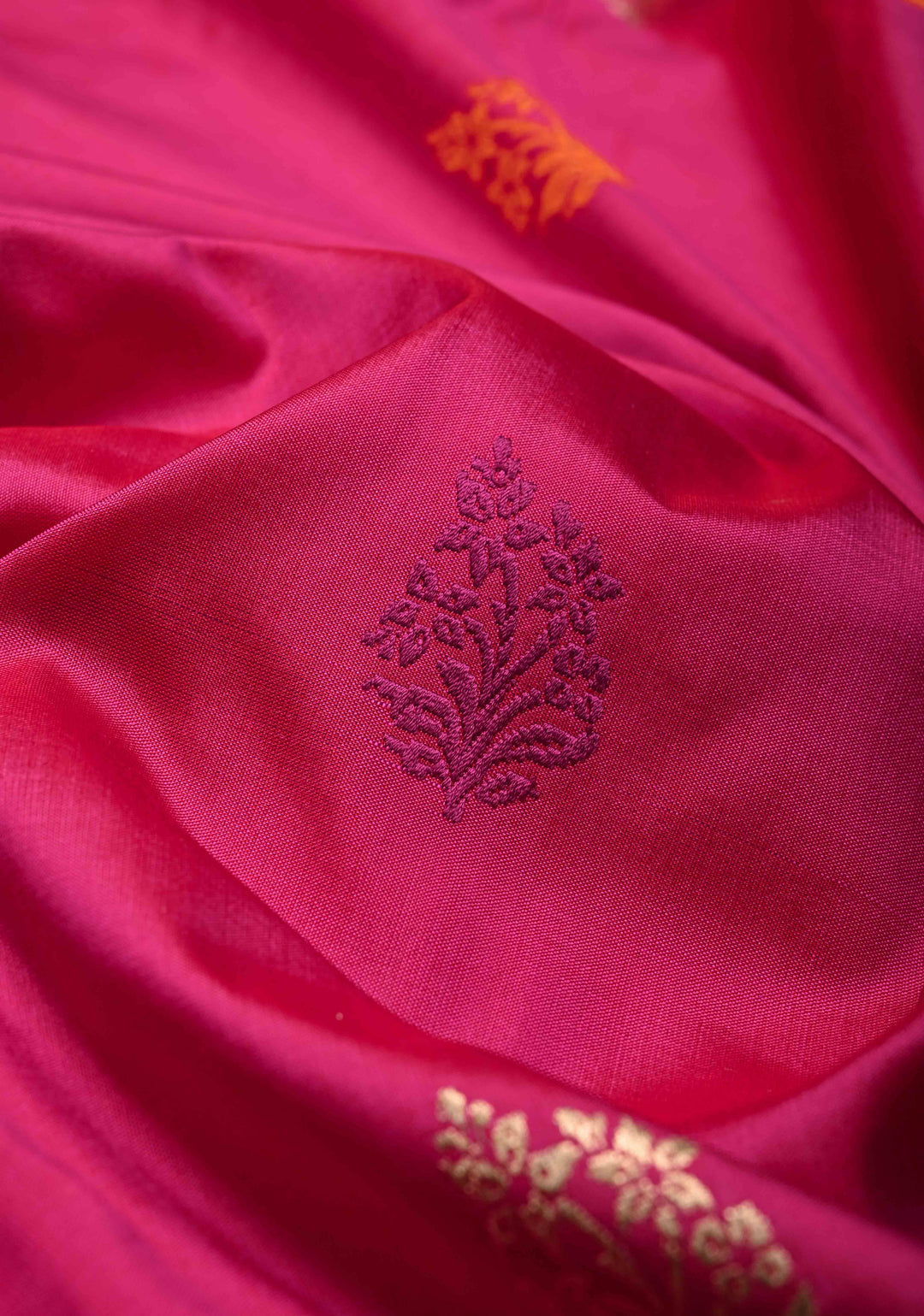 Banarasi Baluchari Rani Pink Pure Katan Silk Saree with Resham Meenakari Floral Buttas and Border | Silk Mark Certified