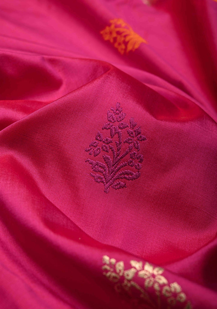 Banarasi Baluchari Rani Pink Pure Katan Silk Saree with Resham Meenakari Floral Buttas and Border | Silk Mark Certified