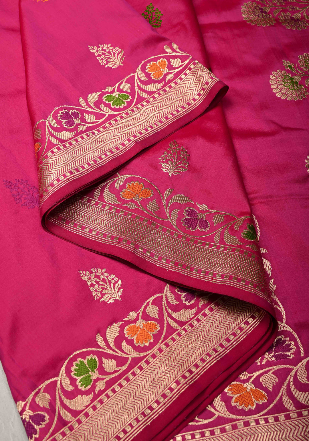 Banarasi Baluchari Rani Pink Pure Katan Silk Saree with Resham Meenakari Floral Buttas and Border | Silk Mark Certified