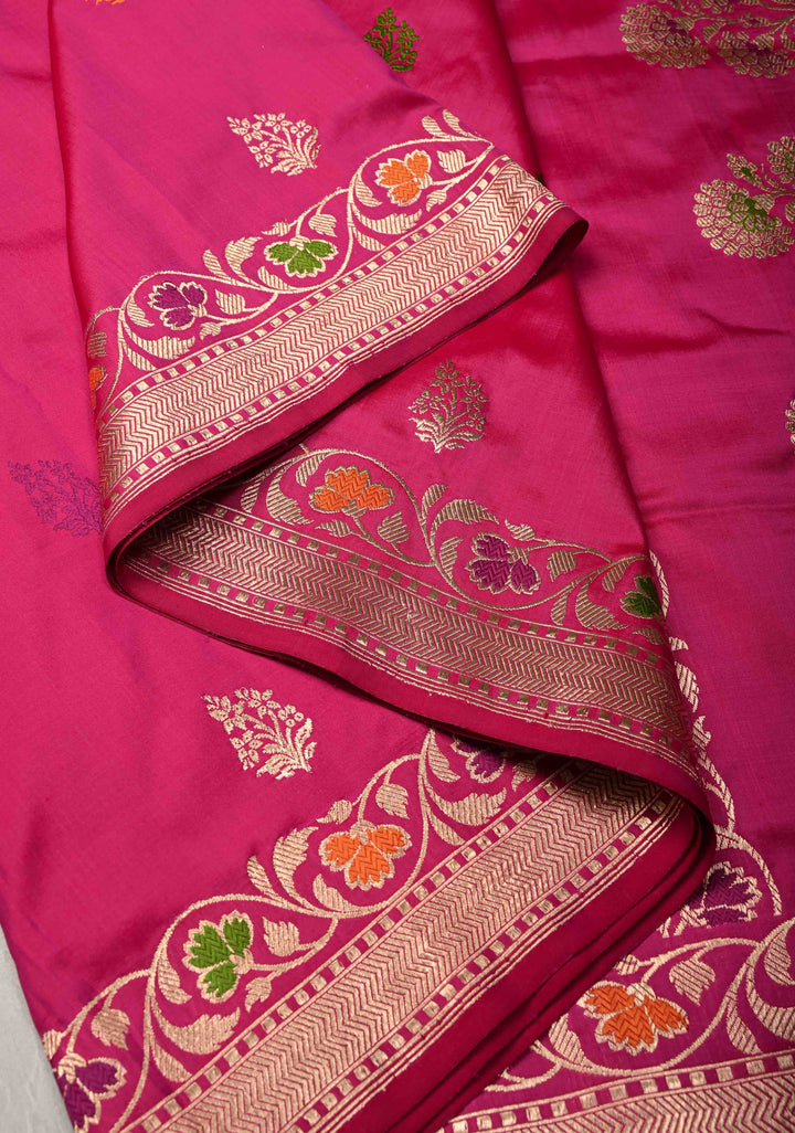 Banarasi Baluchari Rani Pink Pure Katan Silk Saree with Resham Meenakari Floral Buttas and Border | Silk Mark Certified