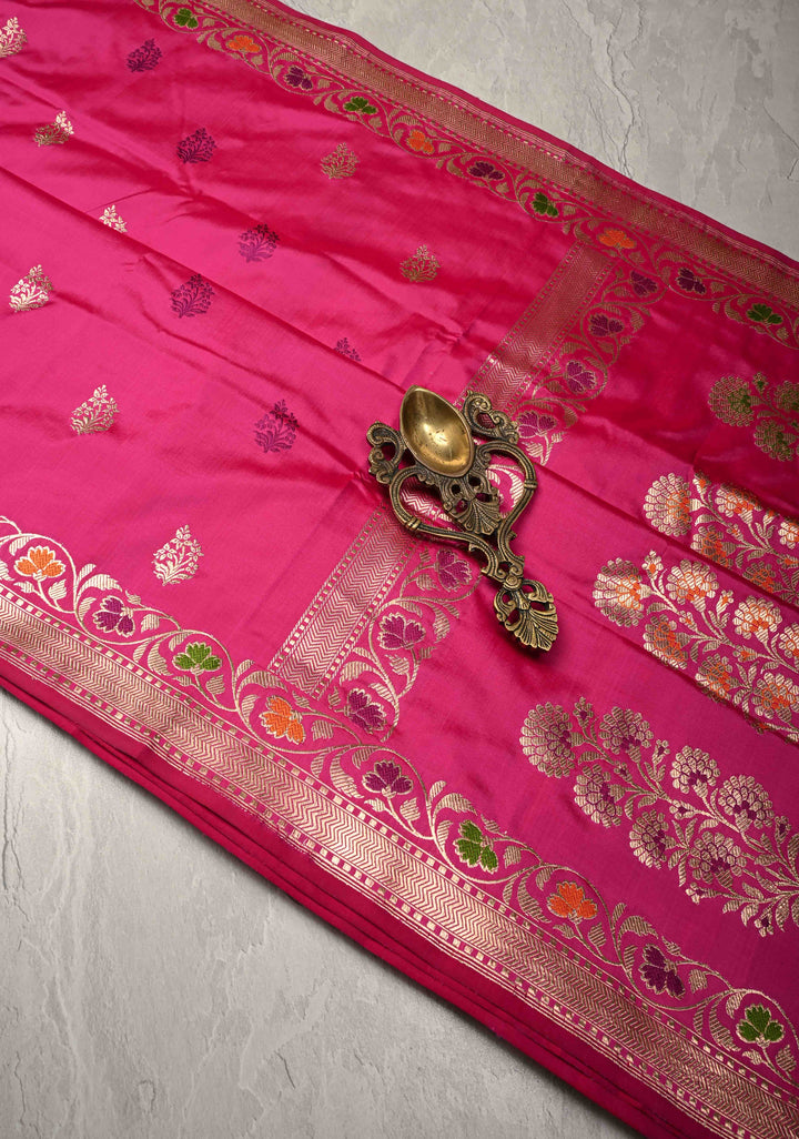 Banarasi Baluchari Rani Pink Pure Katan Silk Saree with Resham Meenakari Floral Buttas and Border | Silk Mark Certified