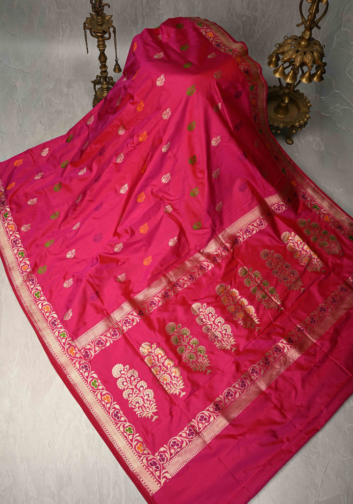 Banarasi Baluchari Rani Pink Pure Katan Silk Saree with Resham Meenakari Floral Buttas and Border | Silk Mark Certified