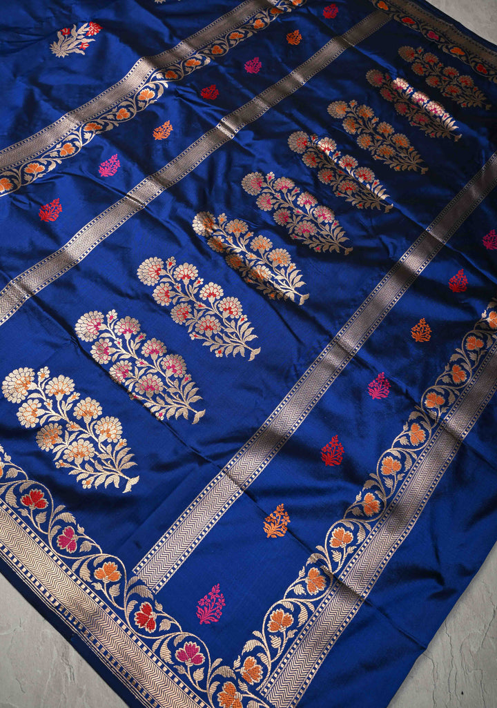 Royal Blue Pure Banarasi Katan Silk Saree with Floral Meenakari Zari buttas and Border -pallu | SILK MARK CERTIFIED