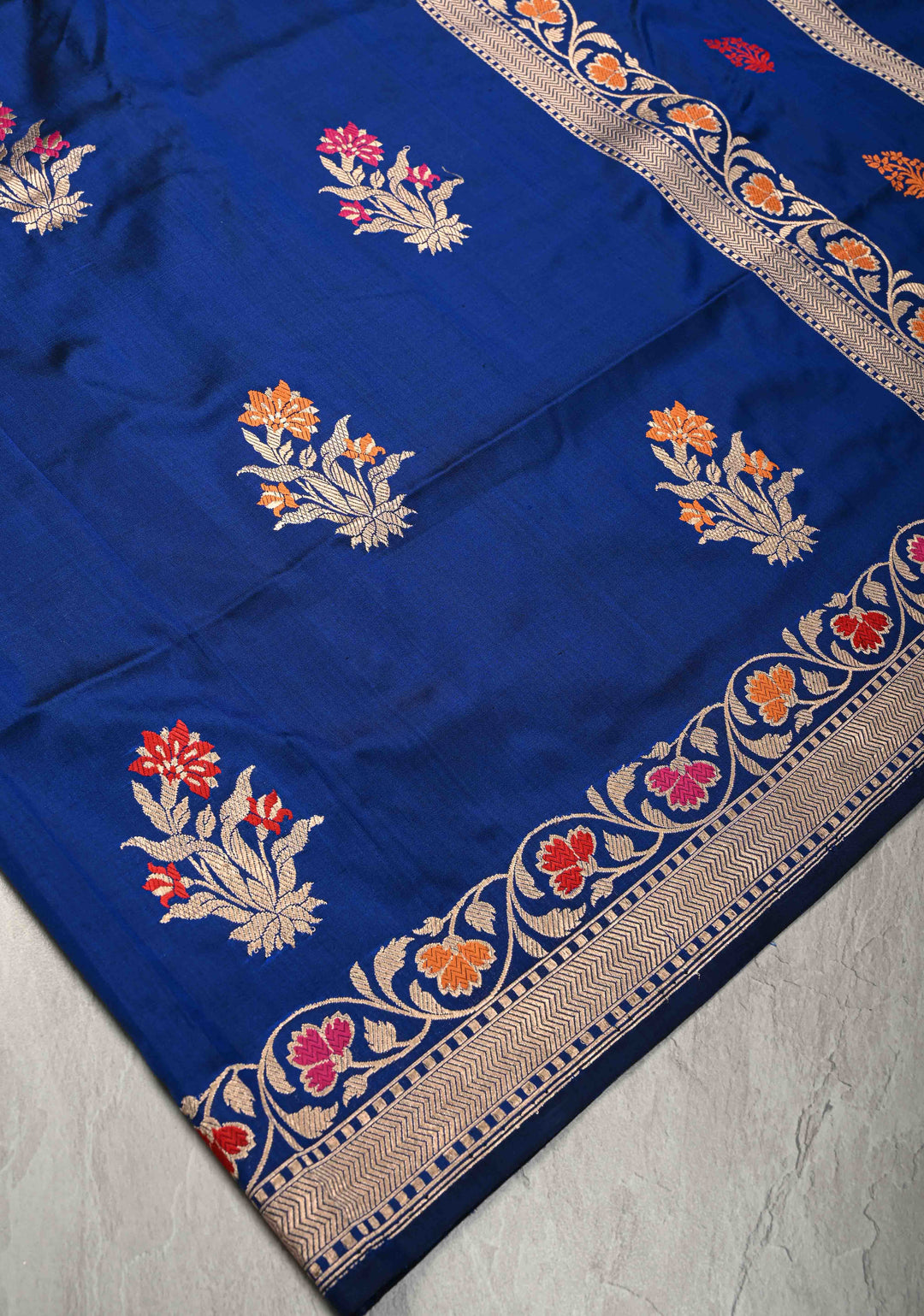 Royal Blue Pure Banarasi Katan Silk Saree with Floral Meenakari Zari buttas and Border -pallu | SILK MARK CERTIFIED