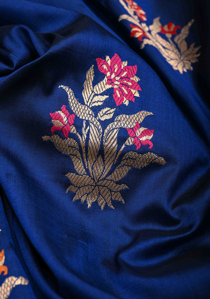 Royal Blue Pure Banarasi Katan Silk Saree with Floral Meenakari Zari buttas and Border -pallu | SILK MARK CERTIFIED