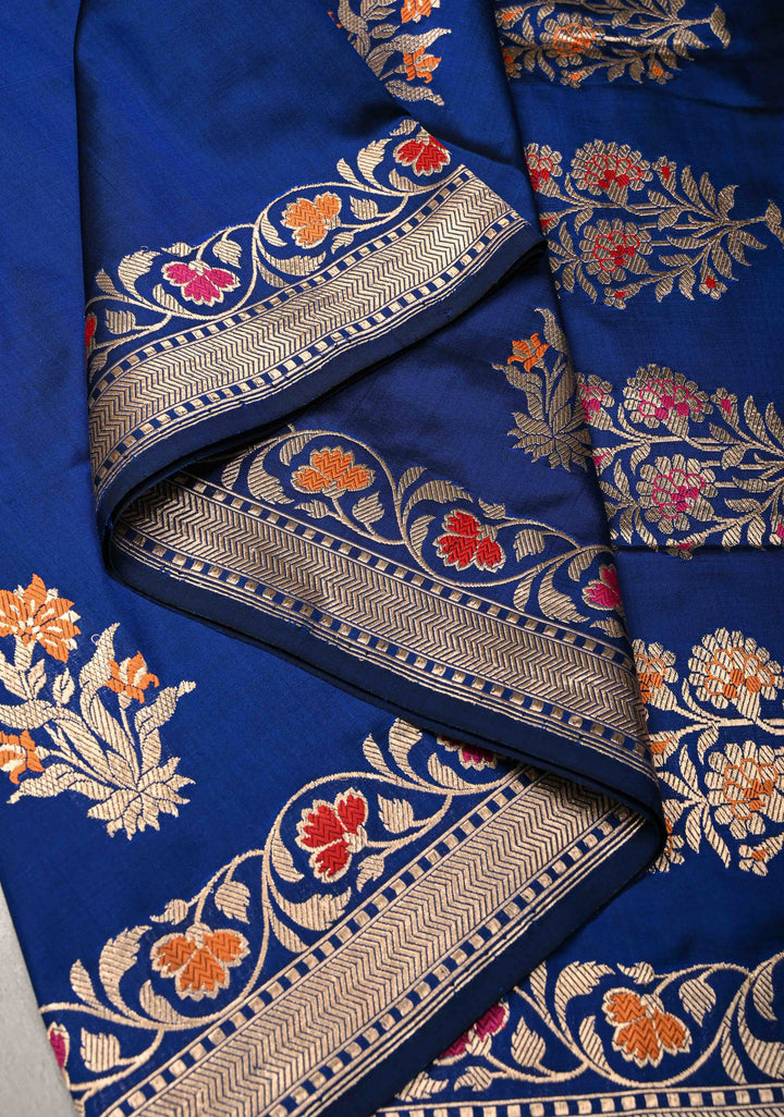 Royal Blue Pure Banarasi Katan Silk Saree with Floral Meenakari Zari buttas and Border -pallu | SILK MARK CERTIFIED