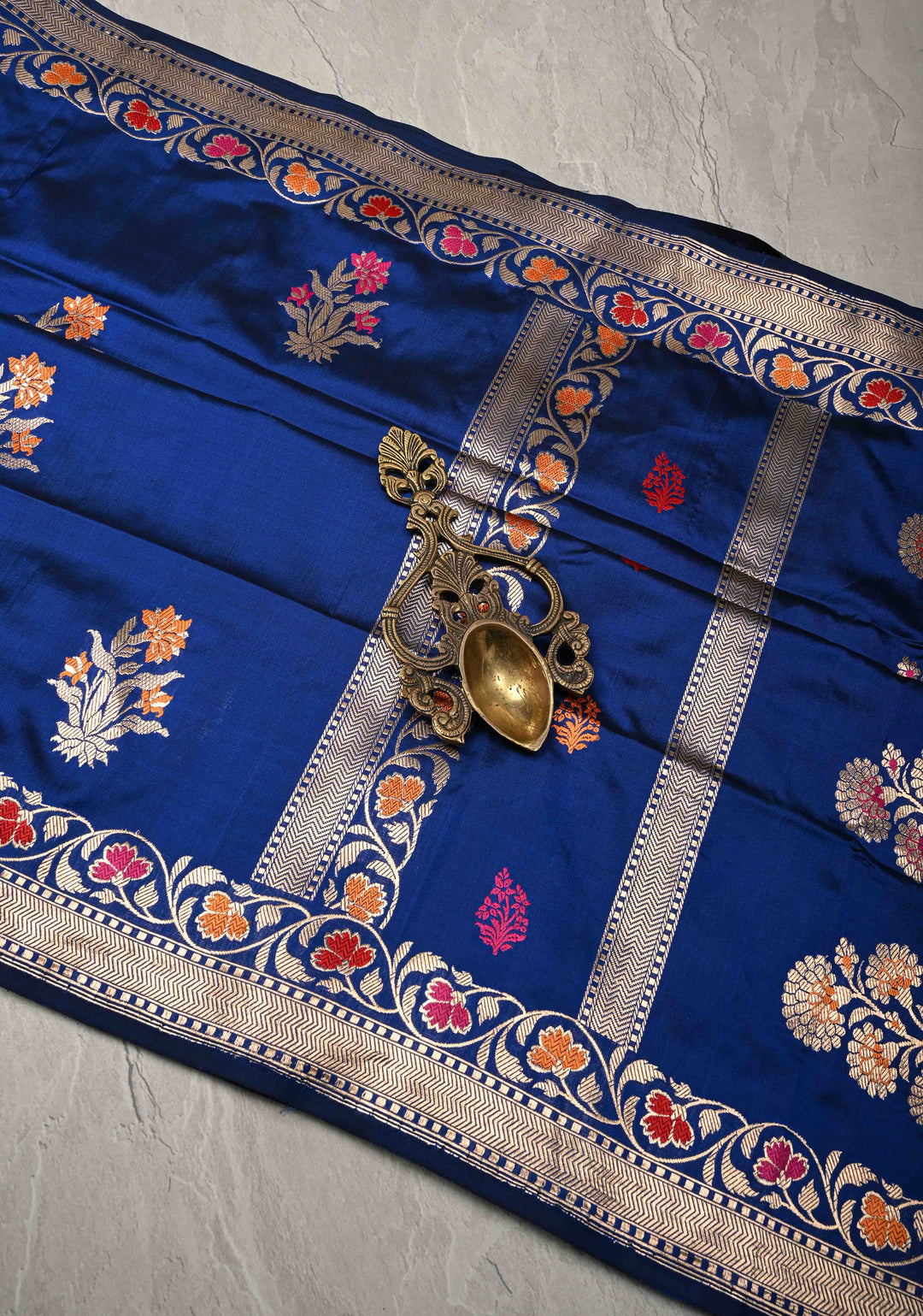 Royal Blue Pure Banarasi Katan Silk Saree with Floral Meenakari Zari buttas and Border -pallu | SILK MARK CERTIFIED