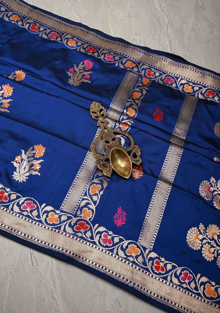 Royal Blue Pure Banarasi Katan Silk Saree with Floral Meenakari Zari buttas and Border -pallu | SILK MARK CERTIFIED