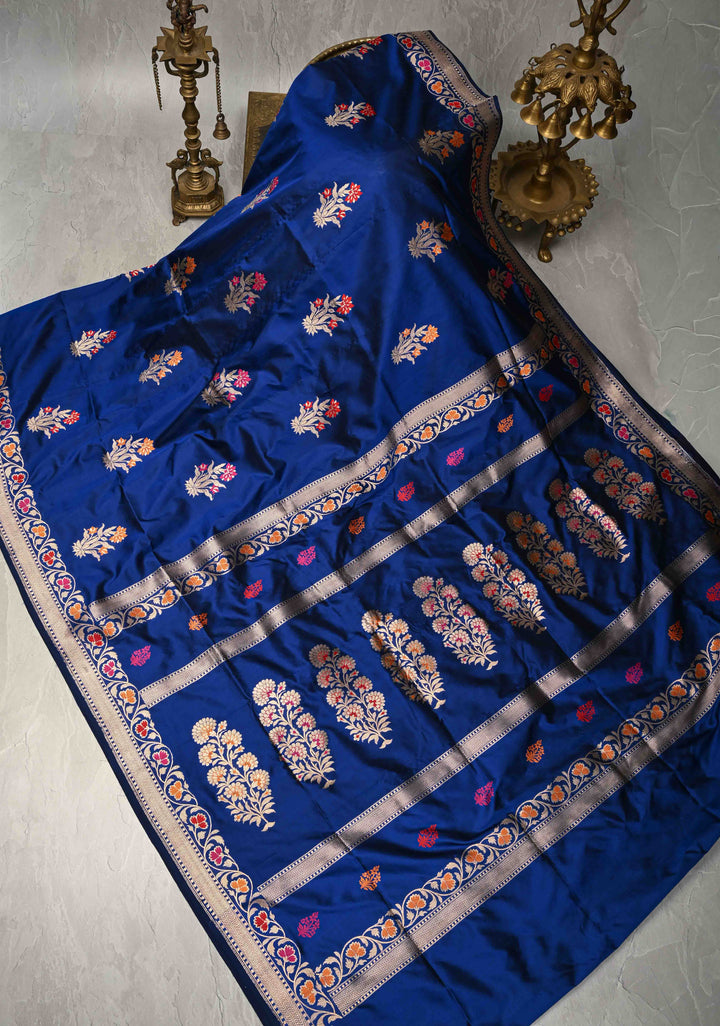 Royal Blue Pure Banarasi Katan Silk Saree with Floral Meenakari Zari buttas and Border -pallu | SILK MARK CERTIFIED