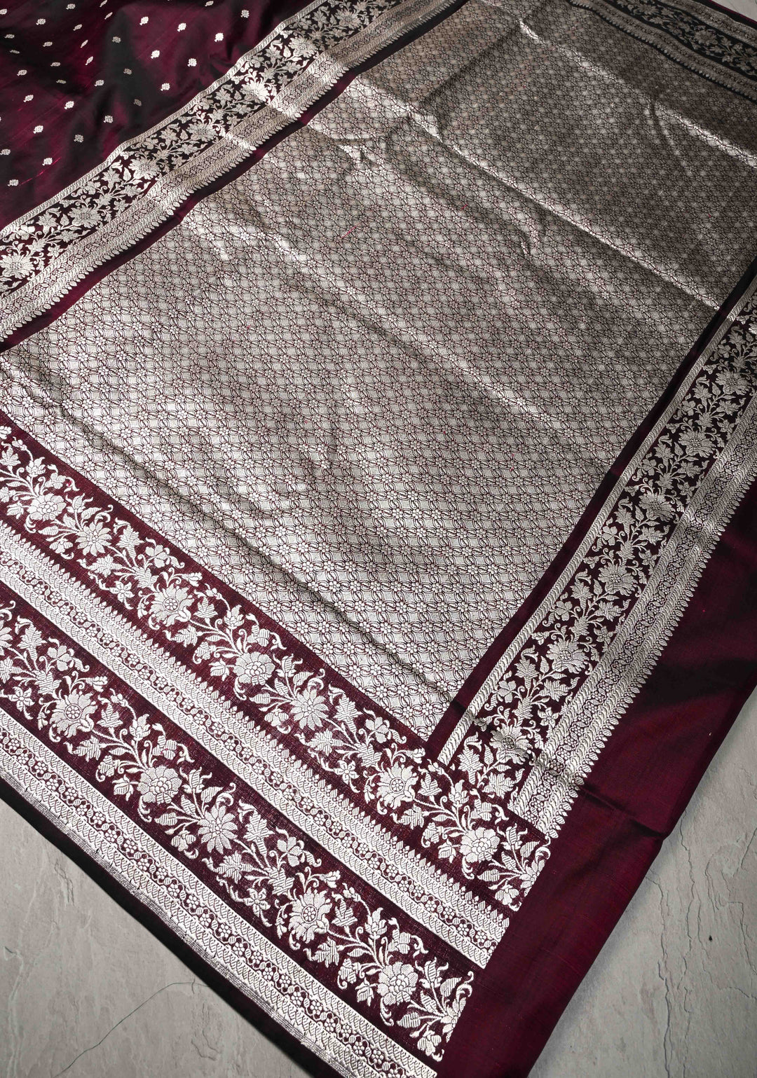 Plum Mashru Silk Saree with Floral Zari Buttas and Silver Zari Border | SILK MARK CERTIFIED