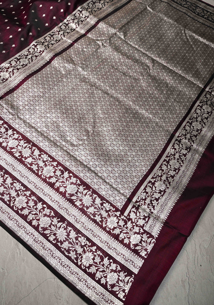 Plum Mashru Silk Saree with Floral Zari Buttas and Silver Zari Border | SILK MARK CERTIFIED