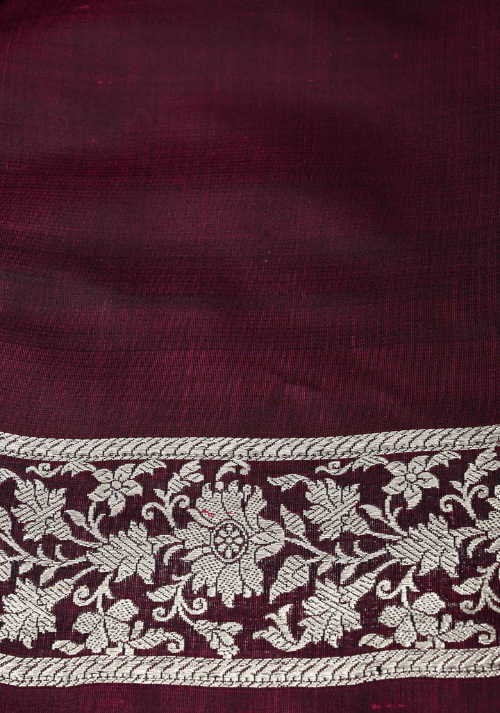 Plum Mashru Silk Saree with Floral Zari Buttas and Silver Zari Border | SILK MARK CERTIFIED