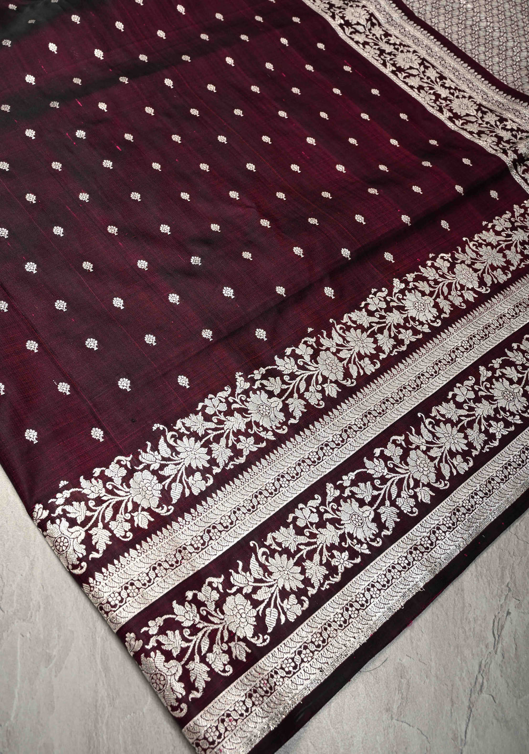 Plum Mashru Silk Saree with Floral Zari Buttas and Silver Zari Border | SILK MARK CERTIFIED