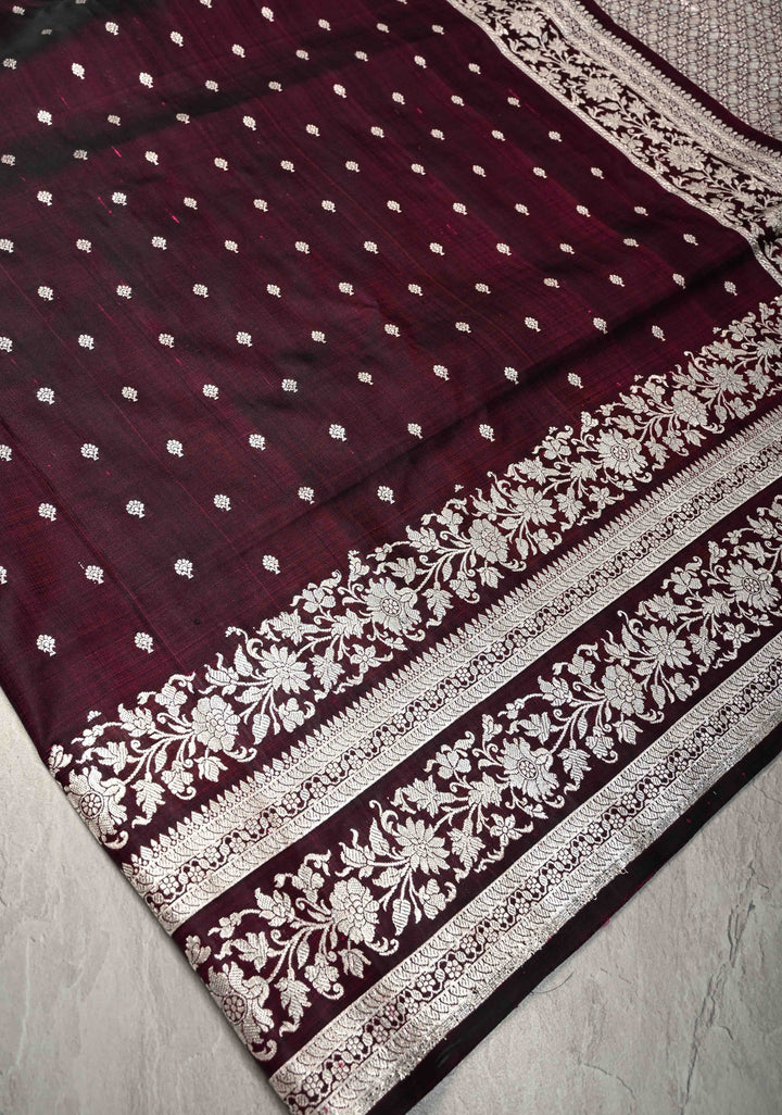Plum Mashru Silk Saree with Floral Zari Buttas and Silver Zari Border | SILK MARK CERTIFIED