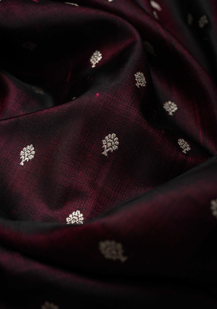 Plum Mashru Silk Saree with Floral Zari Buttas and Silver Zari Border | SILK MARK CERTIFIED