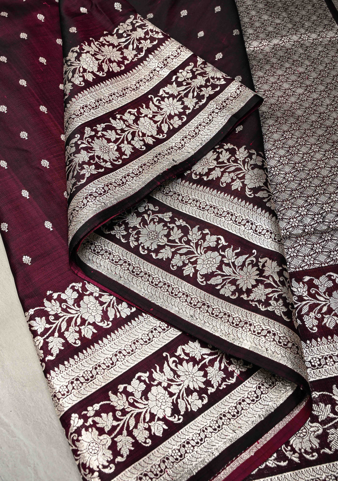 Plum Mashru Silk Saree with Floral Zari Buttas and Silver Zari Border | SILK MARK CERTIFIED