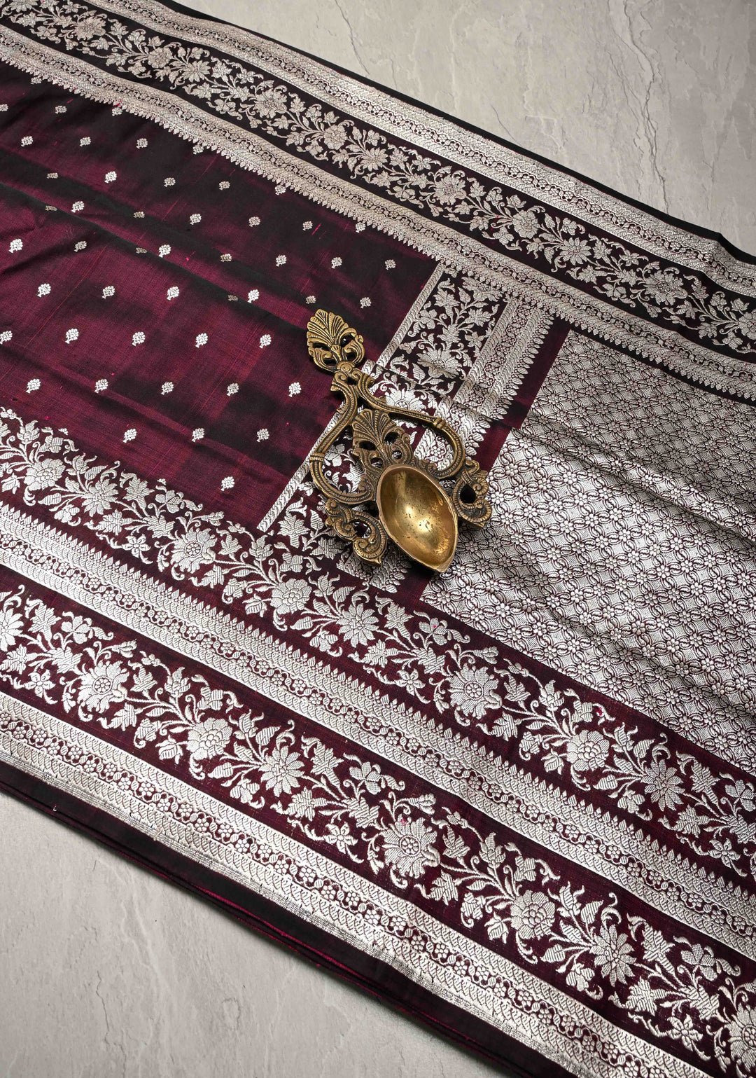 Plum Mashru Silk Saree with Floral Zari Buttas and Silver Zari Border | SILK MARK CERTIFIED