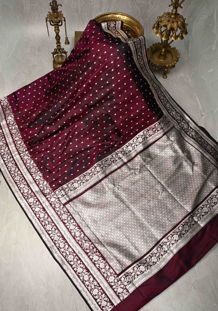 Plum Mashru Silk Saree with Floral Zari Buttas and Silver Zari Border | SILK MARK CERTIFIED