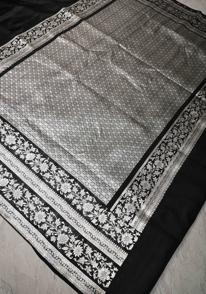 Black Mashru Silk Saree with Silver Zari Bordera and Pallu | SILK MARK CERTIFIED