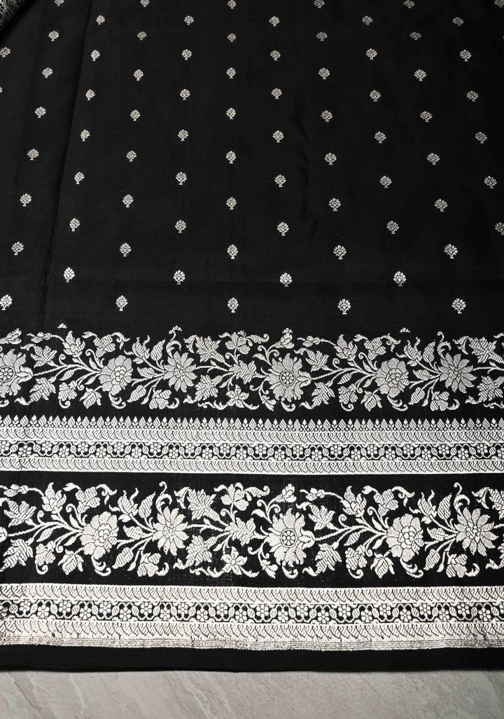 Black Mashru Silk Saree with Silver Zari Bordera and Pallu | SILK MARK CERTIFIED