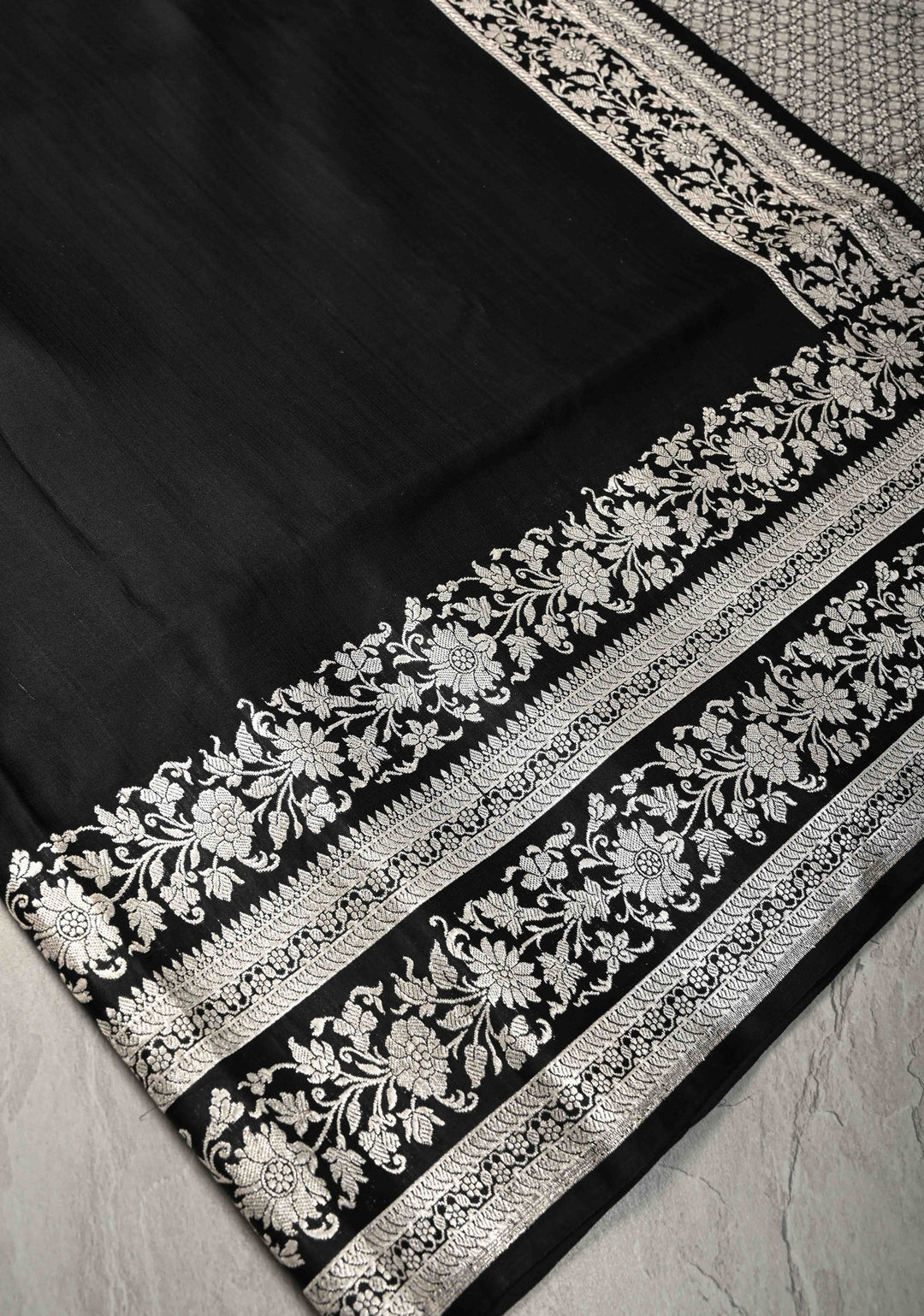 Black Mashru Silk Saree with Silver Zari Bordera and Pallu | SILK MARK CERTIFIED